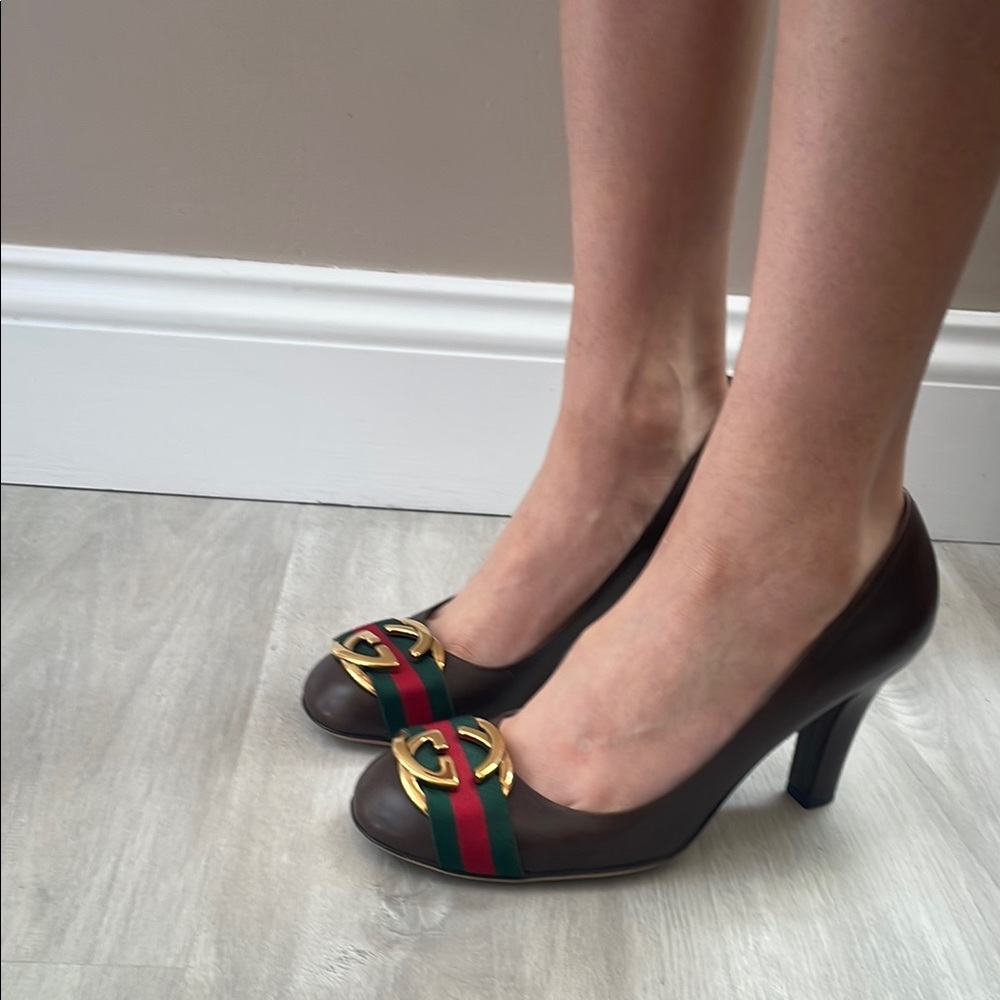 Gucci Brown Leather Heels with Gold Accent